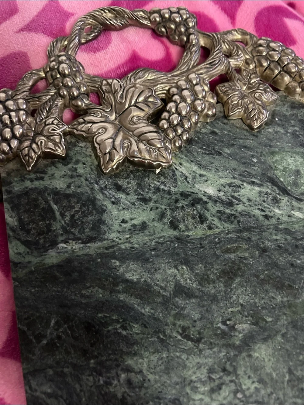 Source Unknown Green Marble Tray with Silver Grape Accent